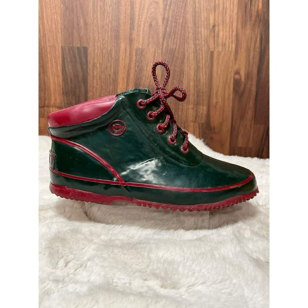 Sporto Womens Lace Up Ankle Rain Boots Green Red Rubber Low Top Waterproof 7